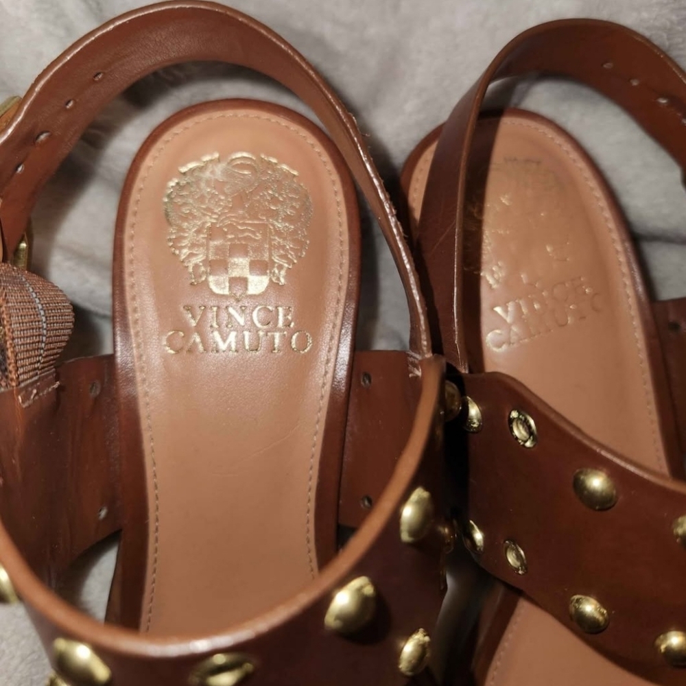 7.5 Vince Camuto Brown Leather Sandal Heels, Gold Buckle,OpenToe,Straps,Designer - Picture 5 of 9